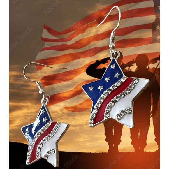 New Patriotic Star Earrings Rhinestones Dangle Patriotic July 4 Veteran'… - Picture 4 of 12